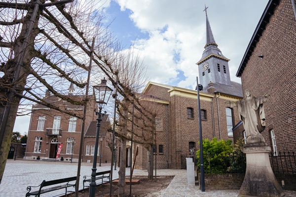 The church and the museum of the fortified town of Stevensweert in spring